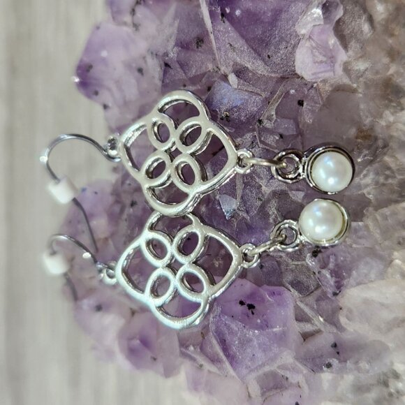 Fashion Jewlery Scrollwork Silvertone with Faux Pearl Drop Earings - Picture 2 of 7